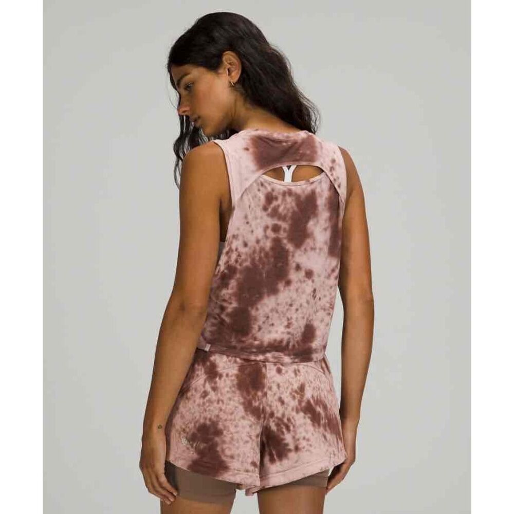 Lululemon Crop Tank Sz 12 Tie Dye Marble Back Keyhole Low Armholes Brown Nude